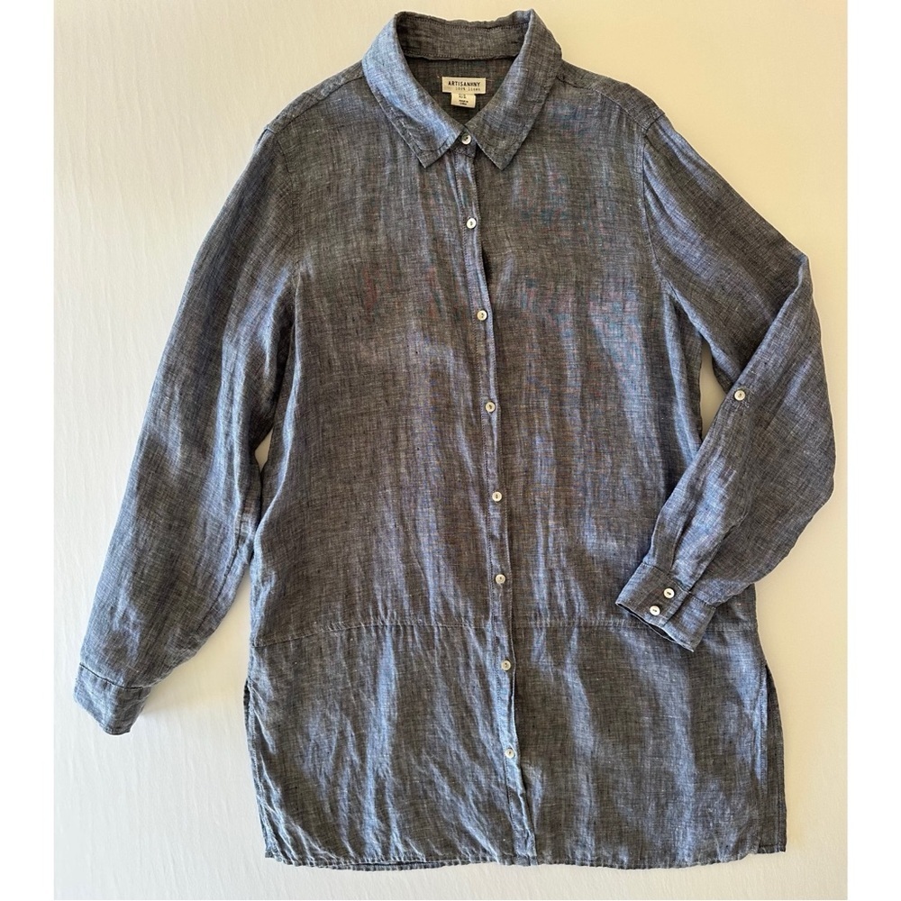 Artisan NY Women’s 100% Linen Tunic Size M Blue Button Front Lagenlook Beach